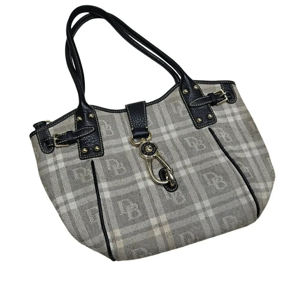 Dooney & Bourke vintage Plaid‎ Canvas Leather Shoulder Bag black white Clip